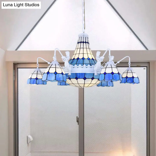 White Stained Glass Chandelier With Grid Pattern - 13 Lights Baroque Suspension Pendant