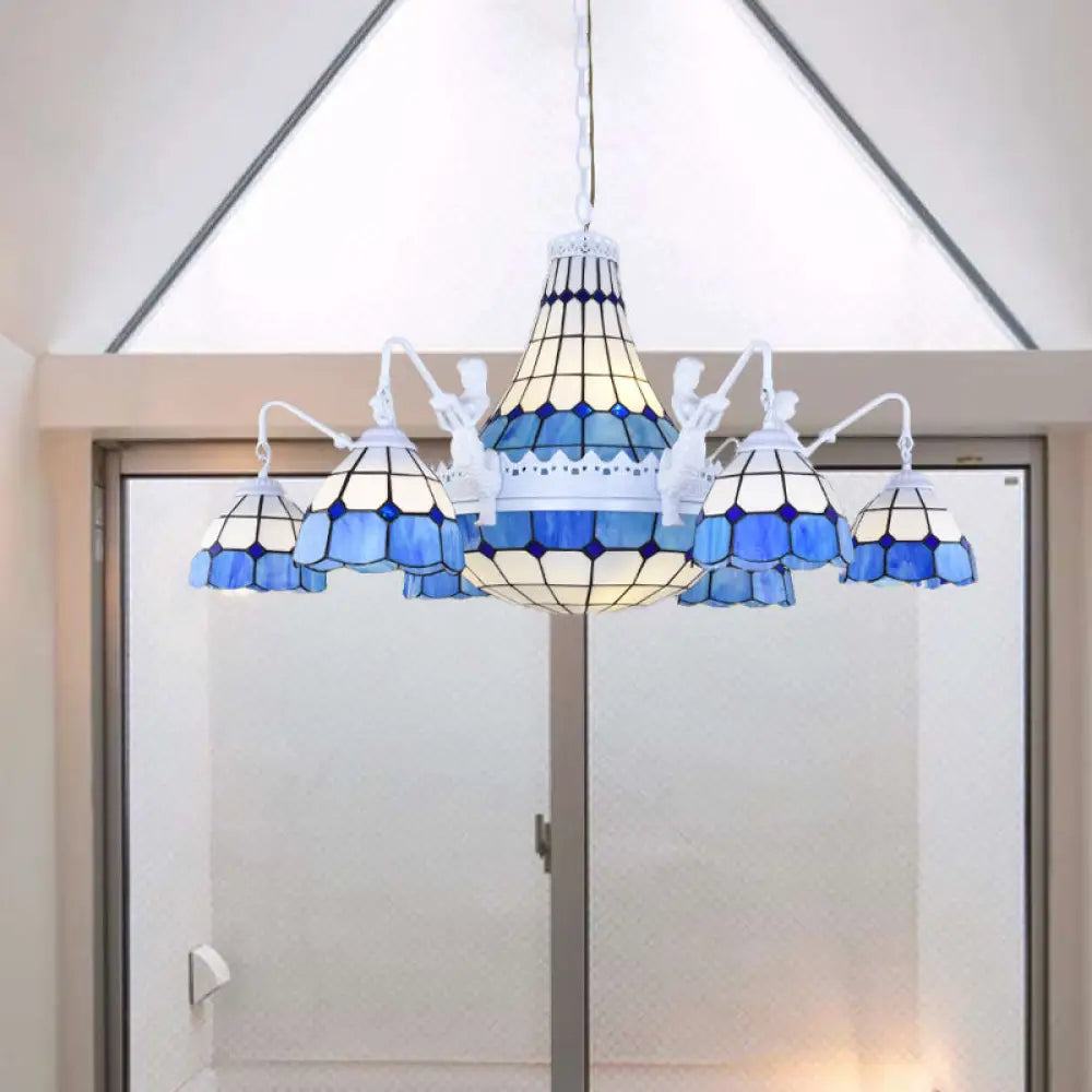 Baroque Stained Glass Grid Pattern Chandelier With 13 Lights Pendant White