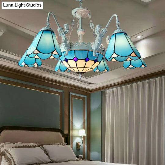 Stained Glass Cone Pendant Chandelier - Baroque Yellow/Blue Hanging Light Kit 7/9 Lights Living Room