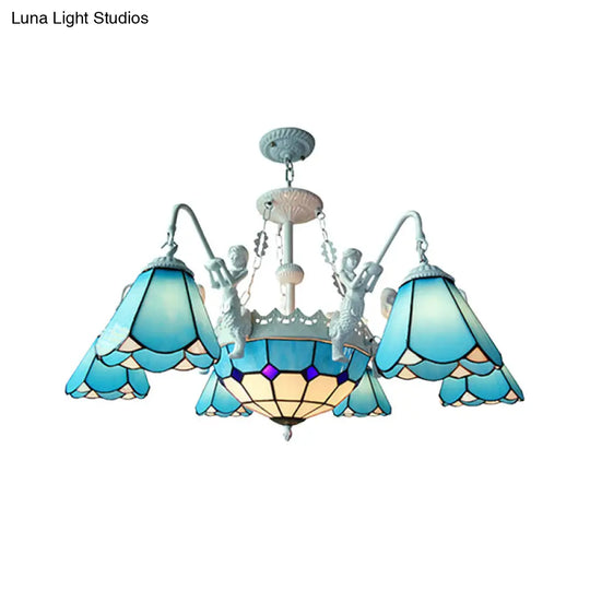 Stained Glass Cone Pendant Chandelier - Baroque Yellow/Blue Hanging Light Kit 7/9 Lights Living Room