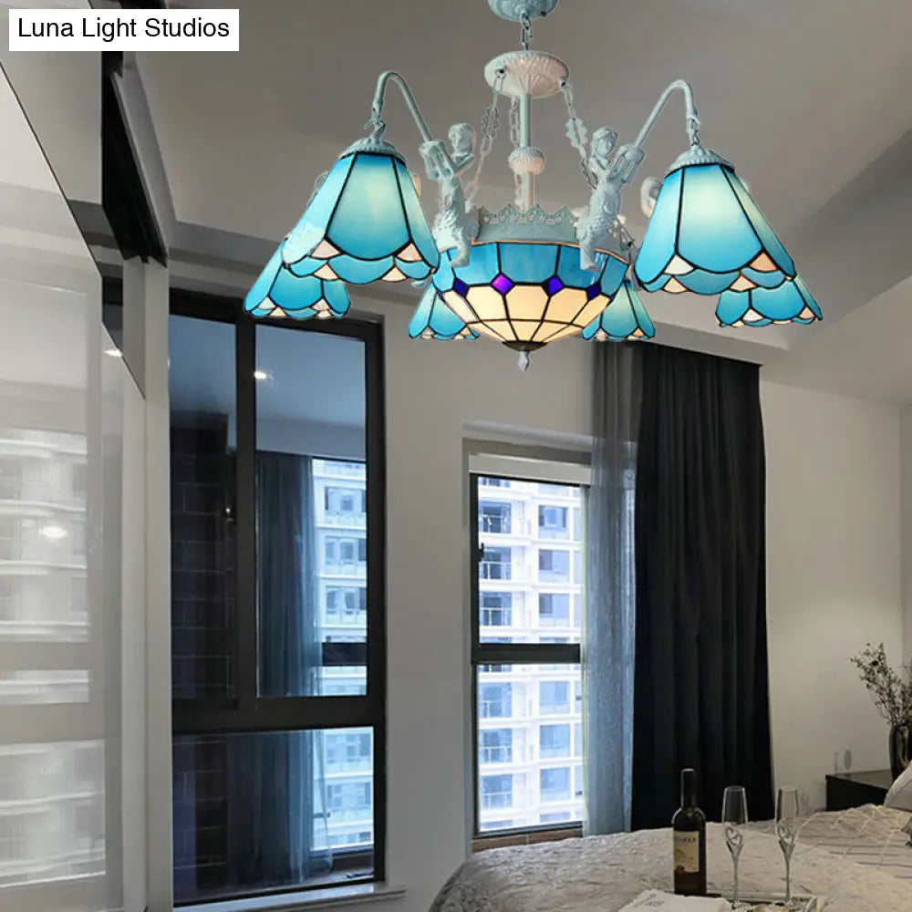 Stained Glass Cone Pendant Chandelier - Baroque Yellow/Blue Hanging Light Kit 7/9 Lights Living Room