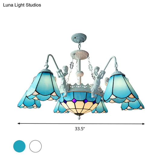 Baroque Stained Glass Pendant Chandelier With 7/9 Lights - Yellow/Blue Hanging Light Kit For Living