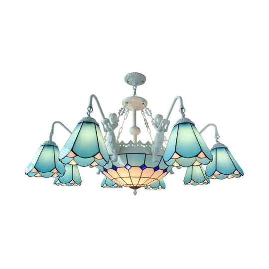 Baroque Stained Glass Pendant Chandelier With 7/9 Lights - Yellow/Blue Hanging Light Kit For Living