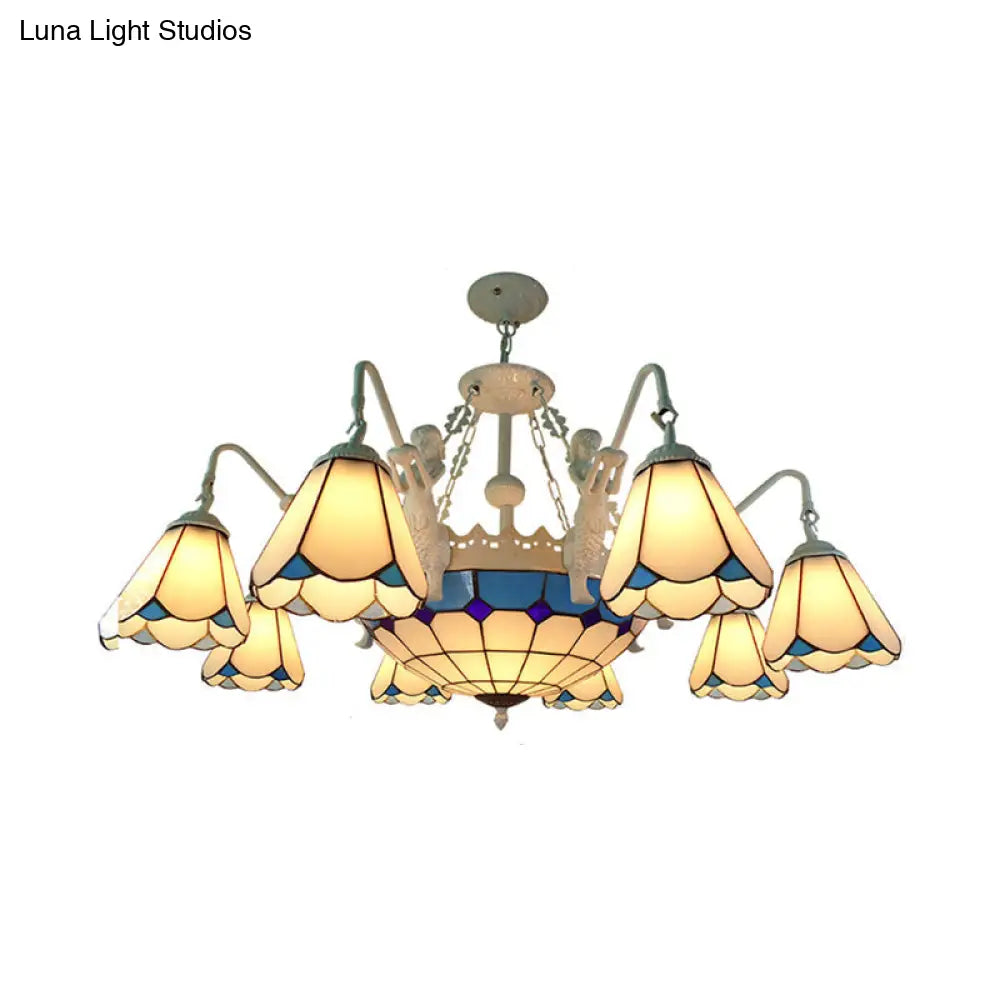 Stained Glass Cone Pendant Chandelier - Baroque Yellow/Blue Hanging Light Kit 7/9 Lights Living Room