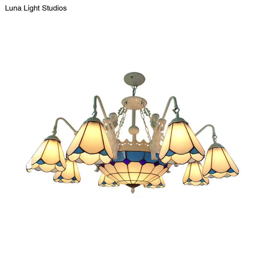 Stained Glass Cone Pendant Chandelier - Baroque Yellow/Blue Hanging Light Kit 7/9 Lights Living Room