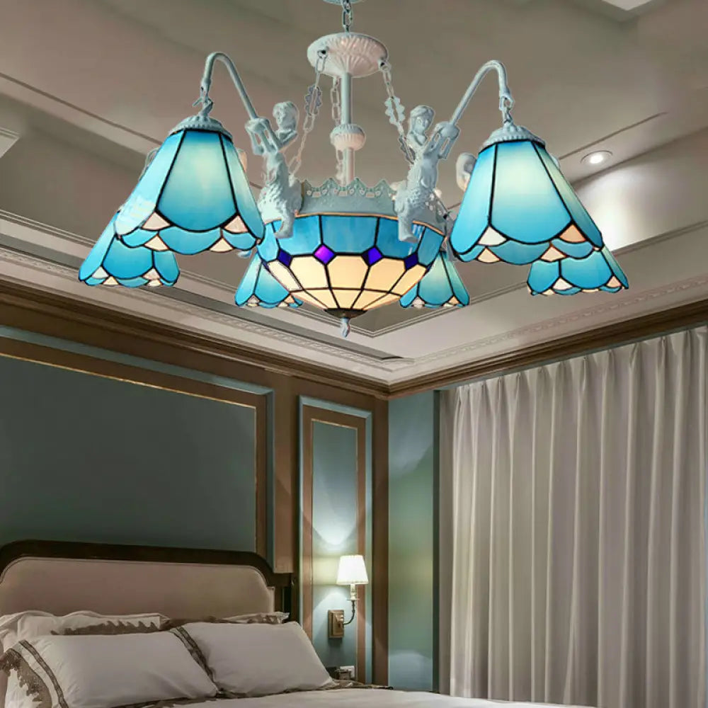 Baroque Stained Glass Pendant Chandelier With 7/9 Lights - Yellow/Blue Hanging Light Kit For Living