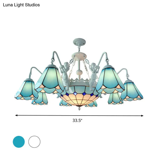 Stained Glass Cone Pendant Chandelier - Baroque Yellow/Blue Hanging Light Kit 7/9 Lights Living Room