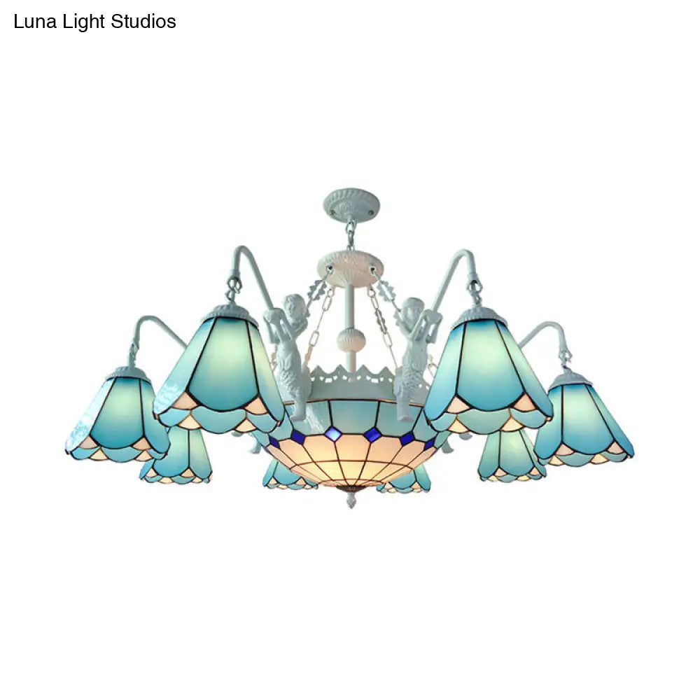 Stained Glass Cone Pendant Chandelier - Baroque Yellow/Blue Hanging Light Kit 7/9 Lights Living Room