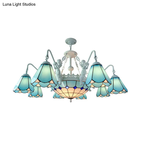 Stained Glass Cone Pendant Chandelier - Baroque Yellow/Blue Hanging Light Kit 7/9 Lights Living Room