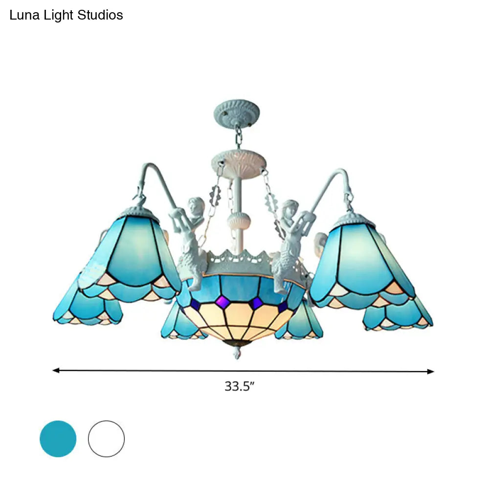 Stained Glass Cone Pendant Chandelier - Baroque Yellow/Blue Hanging Light Kit 7/9 Lights Living Room