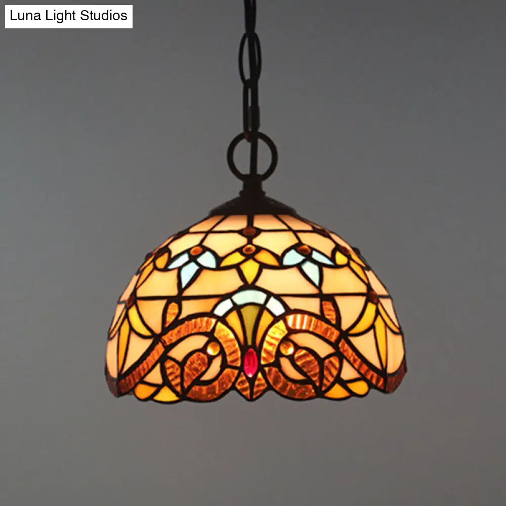 Brown Baroque Stained Glass Pendant Light For Restaurant Ceiling / 8 Chain