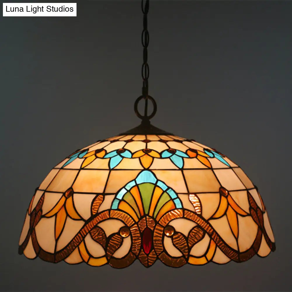 Brown Baroque Stained Glass Pendant Light For Restaurant Ceiling / 19.5 Chain