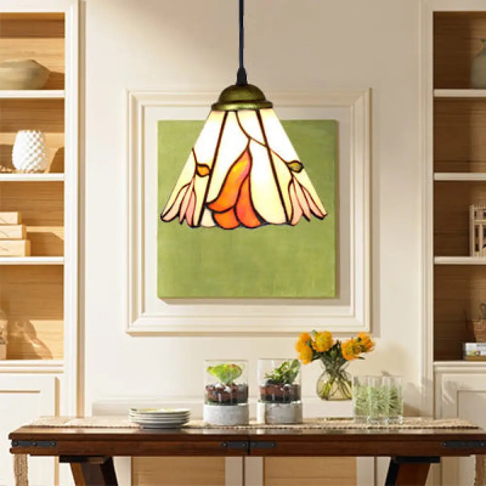 Baroque Stained Glass Pendant Light In Orange Pink For Dining Room