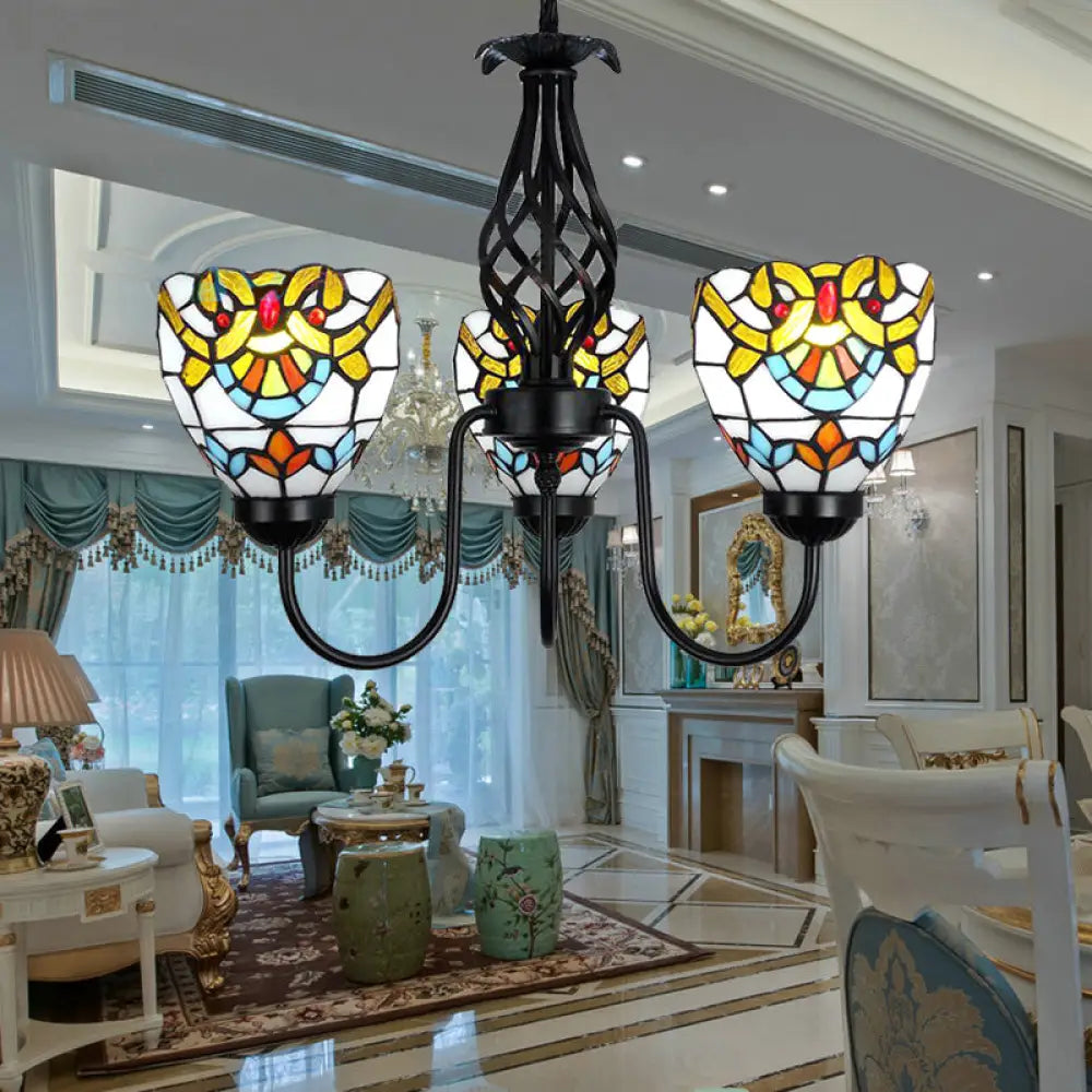 Baroque Stained Glass Pendant Light With Adjustable Chain - Black Finish