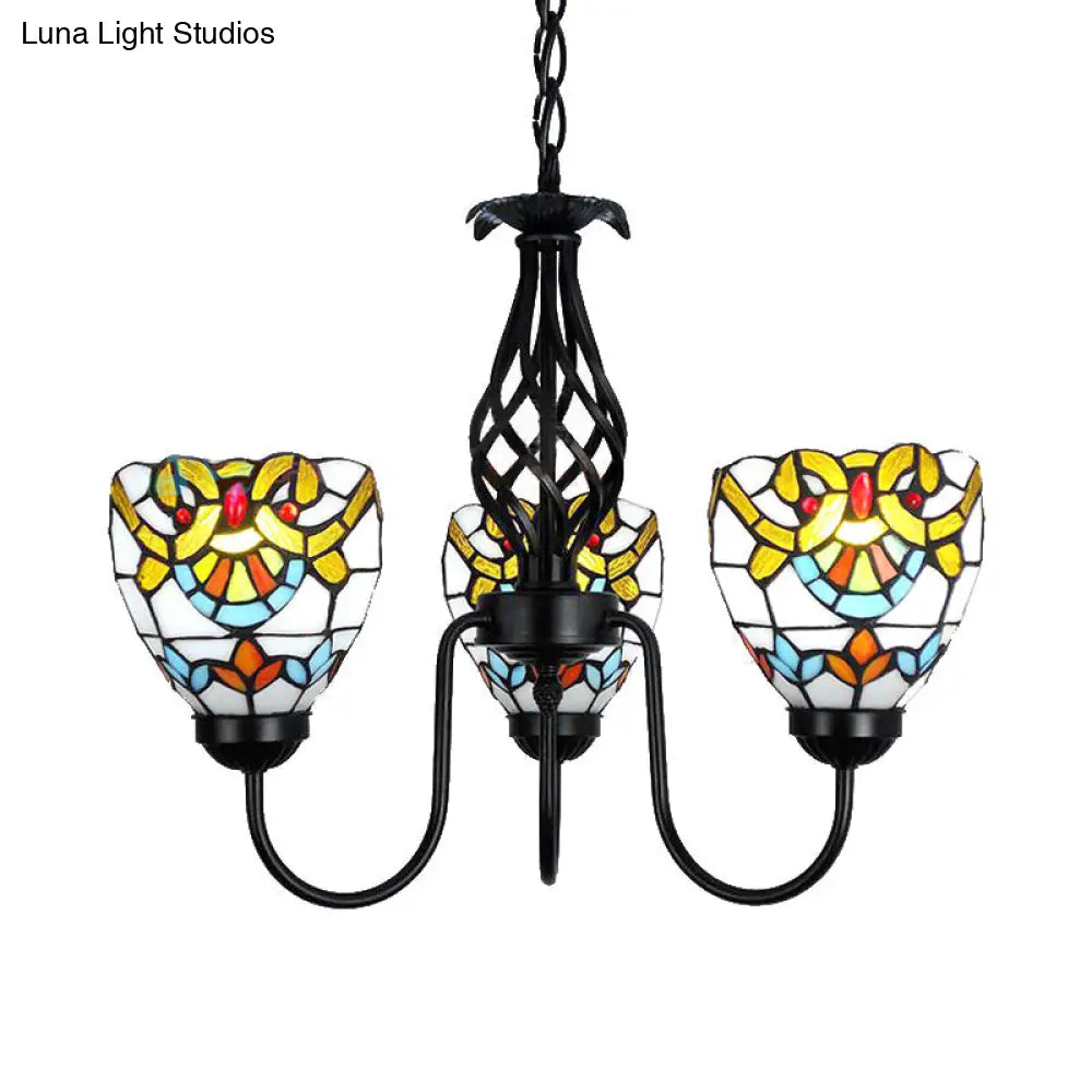 Black Baroque Stained Glass Bowl Pendant - Adjustable Chain Chandelier Light