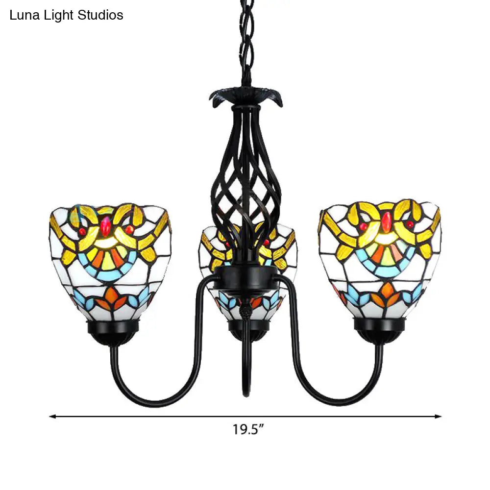 Black Baroque Stained Glass Bowl Pendant - Adjustable Chain Chandelier Light