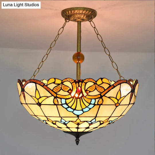 Baroque Bowl Stained Glass Semi Flush Mount Light With 3 Lights - Brass Finish Beige