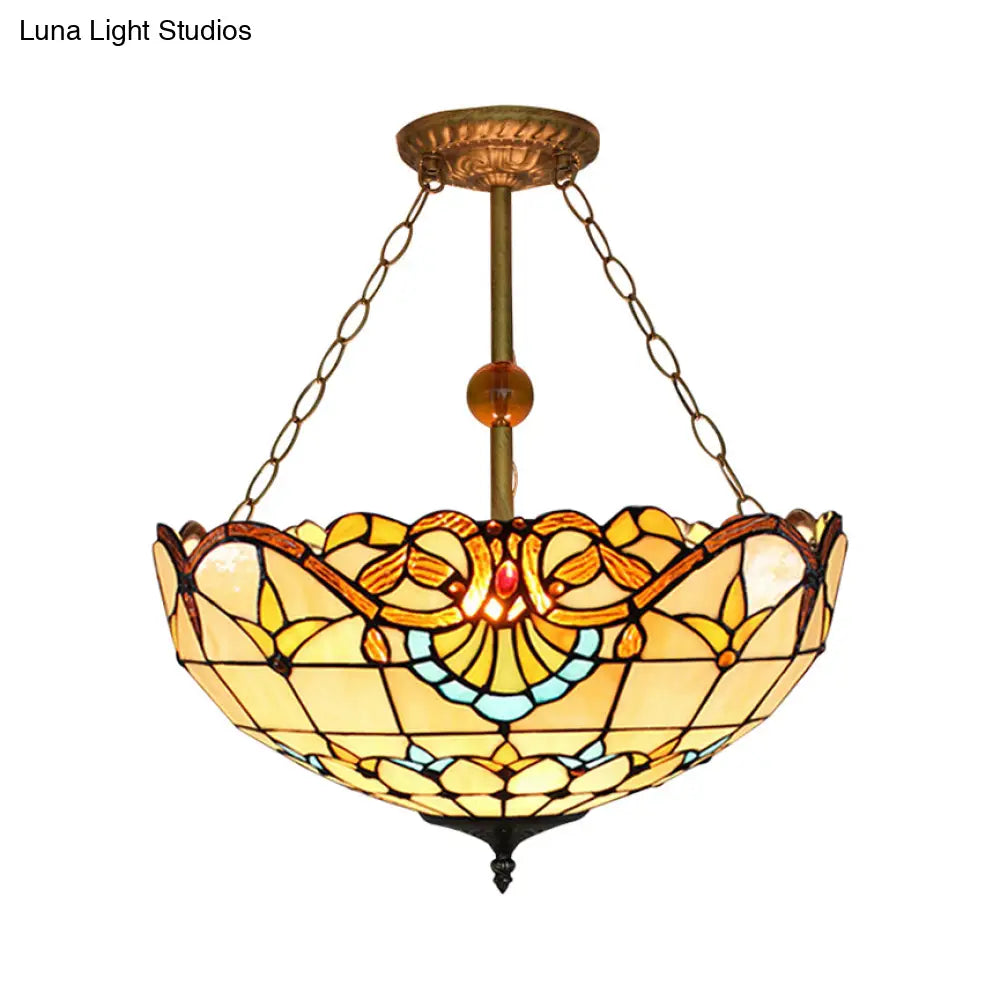 Baroque Stained Glass Semi Flush Mount Light With 3 Brass Lights