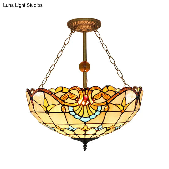 Baroque Stained Glass Semi Flush Mount Light With 3 Brass Lights