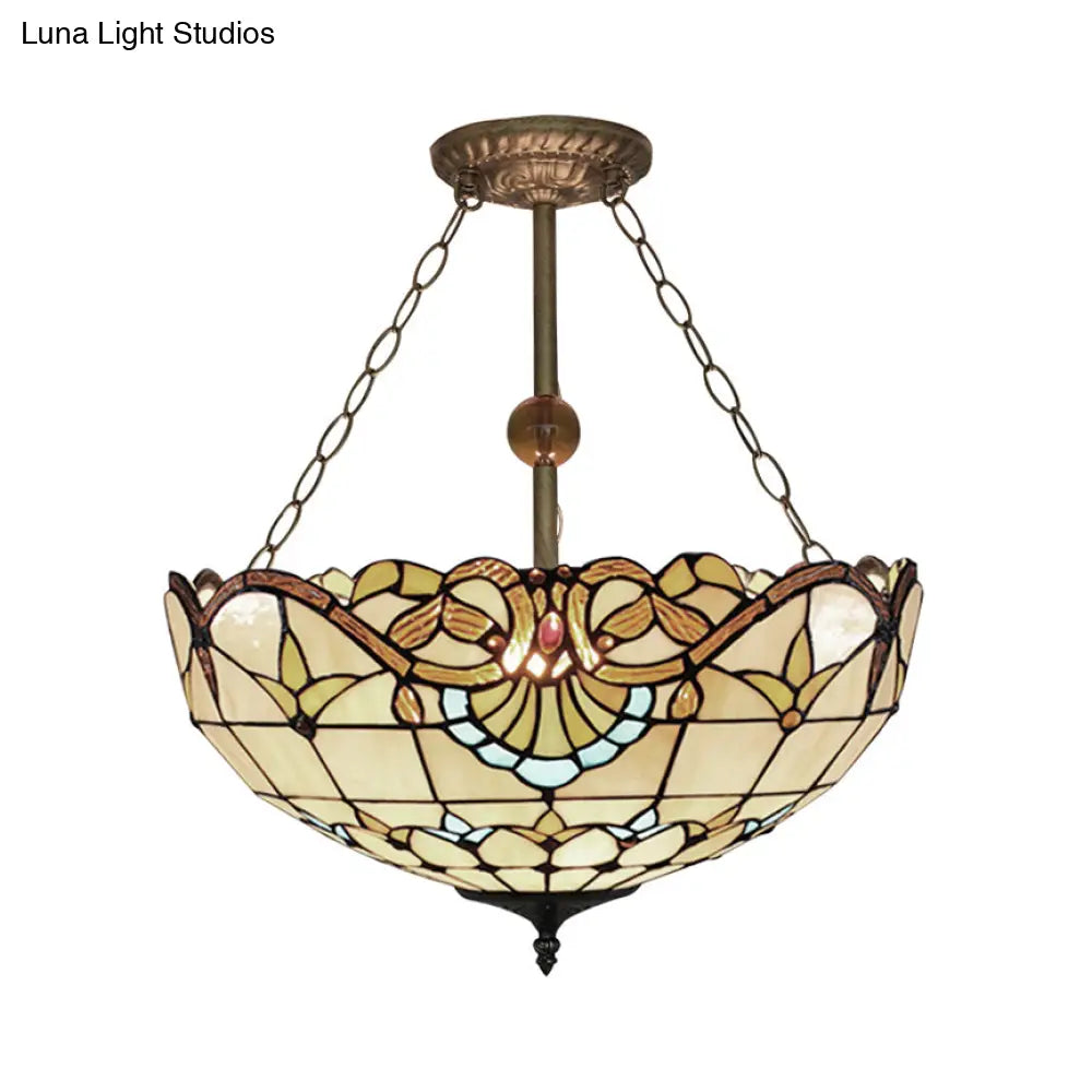 Baroque Bowl Stained Glass Semi Flush Mount Light With 3 Lights - Brass Finish