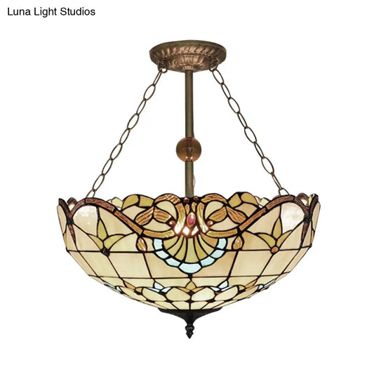 Baroque Bowl Stained Glass Semi Flush Mount Light With 3 Lights - Brass Finish