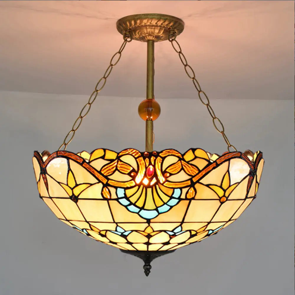 Baroque Stained Glass Semi Flush Mount Light With 3 Brass Lights Beige