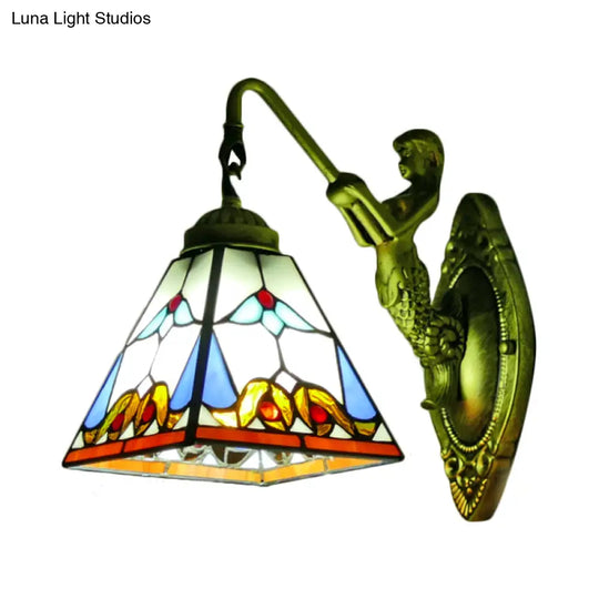 Baroque Stained Glass Trapezoid Brass Sconce Light With Mermaid Backplate