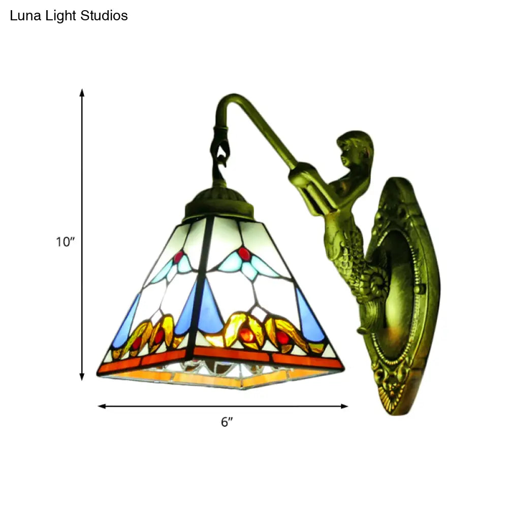 Baroque Stained Glass Trapezoid Brass Sconce Light With Mermaid Backplate