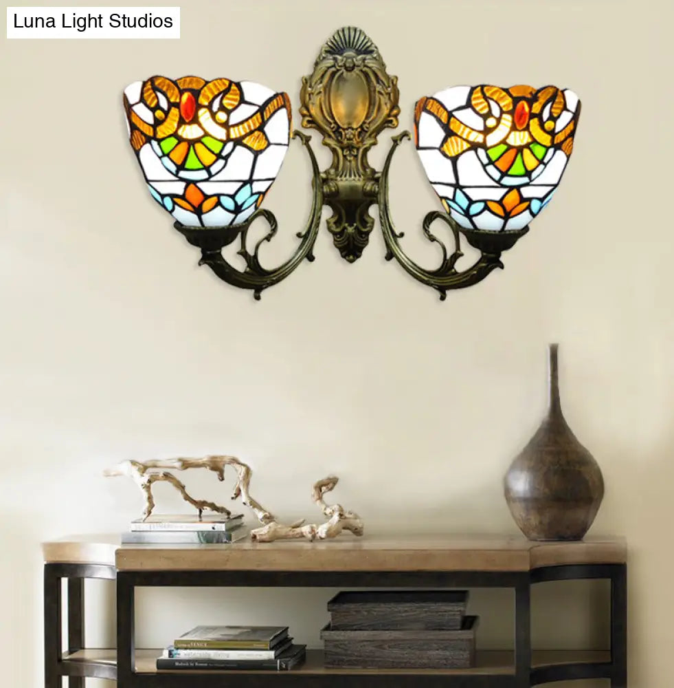 Baroque Stained Glass Wall Sconce With Curved Arm - Aged Brass Finish