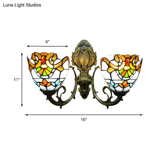 Baroque Stained Glass Wall Sconce With Curved Arm - Aged Brass Finish