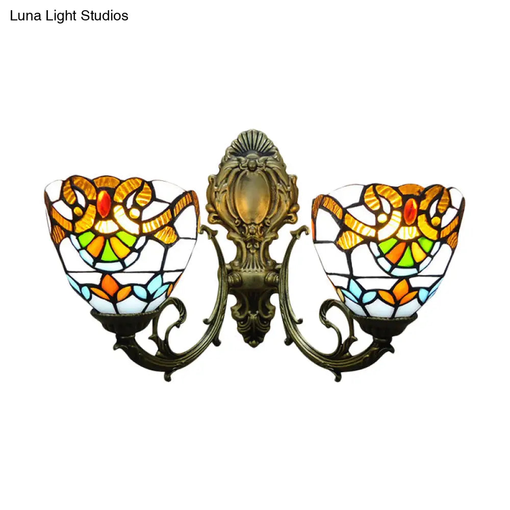 Baroque Stained Glass Wall Sconce With Curved Arm - Aged Brass Finish