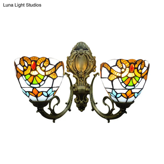 Baroque Stained Glass Wall Sconce With Curved Arm - Aged Brass Finish