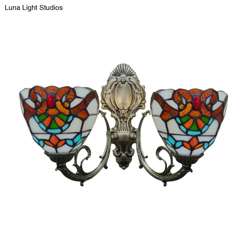 Baroque Stained Glass Wall Sconce With Curved Arm - Aged Brass Finish