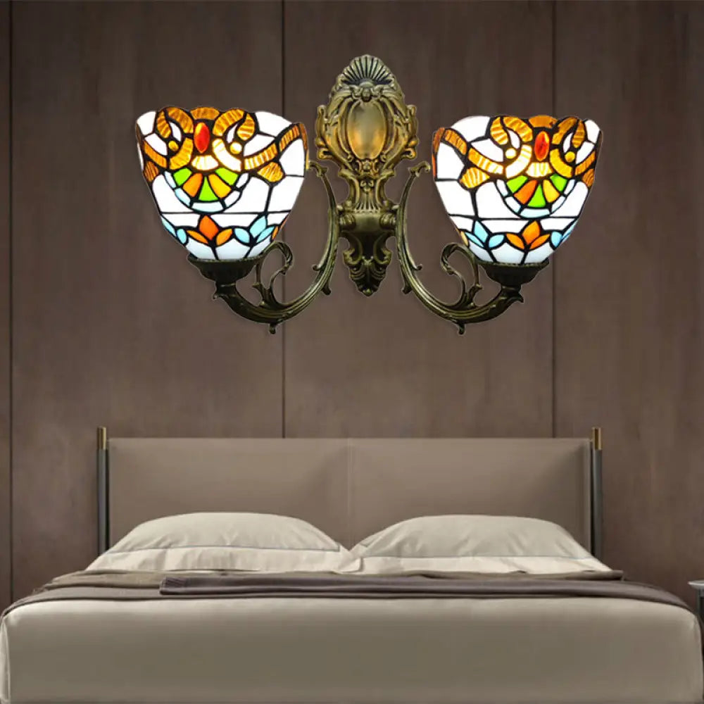 Baroque Stained Glass Wall Sconce With Curved Arm - Aged Brass Finish Yellow