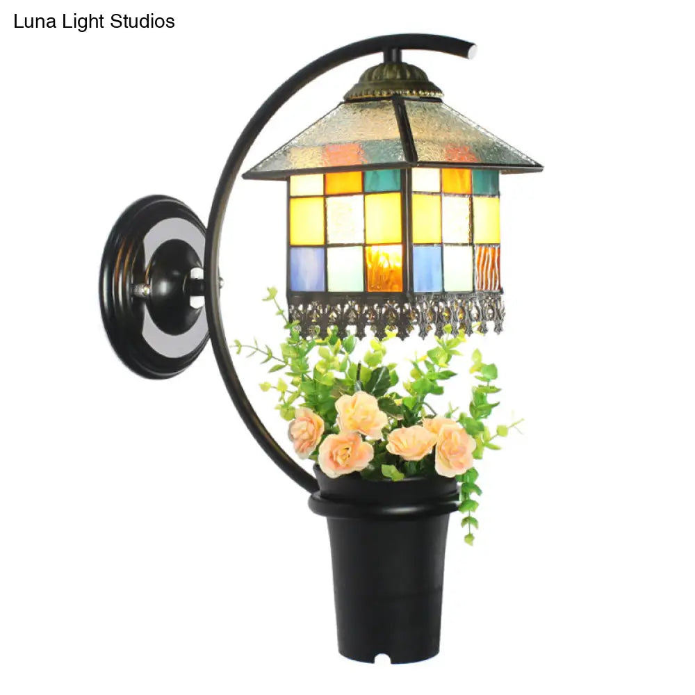 Baroque Stained Glass Wall Sconce With Flower Decoration - Clear/Blue Light