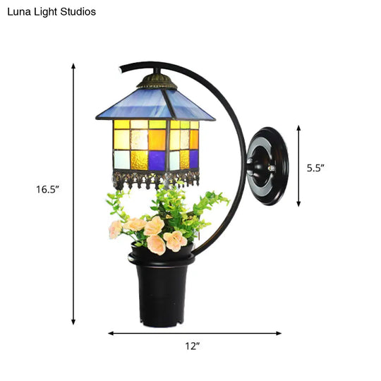 Baroque Stained Glass Wall Sconce With Flower Decoration - Clear/Blue Light