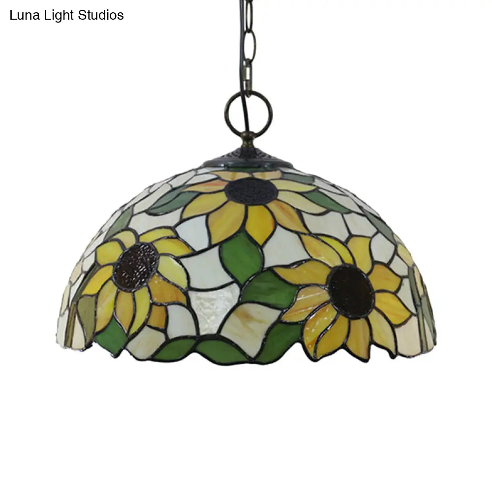 Black Baroque Stained Glass Chandelier Pendant Light Kit - 3-Bulb Domed Design With Petal Pattern