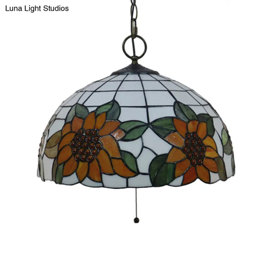 Black Baroque Stained Glass Chandelier Pendant Light Kit - 3-Bulb Domed Design With Petal Pattern