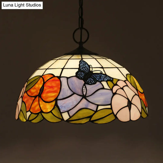 Black Baroque Stained Glass Chandelier Pendant Light Kit - 3-Bulb Domed Design With Petal Pattern /