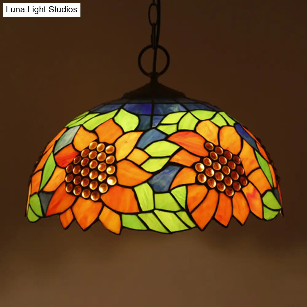 Black Baroque Stained Glass Chandelier Pendant Light Kit - 3-Bulb Domed Design With Petal Pattern /