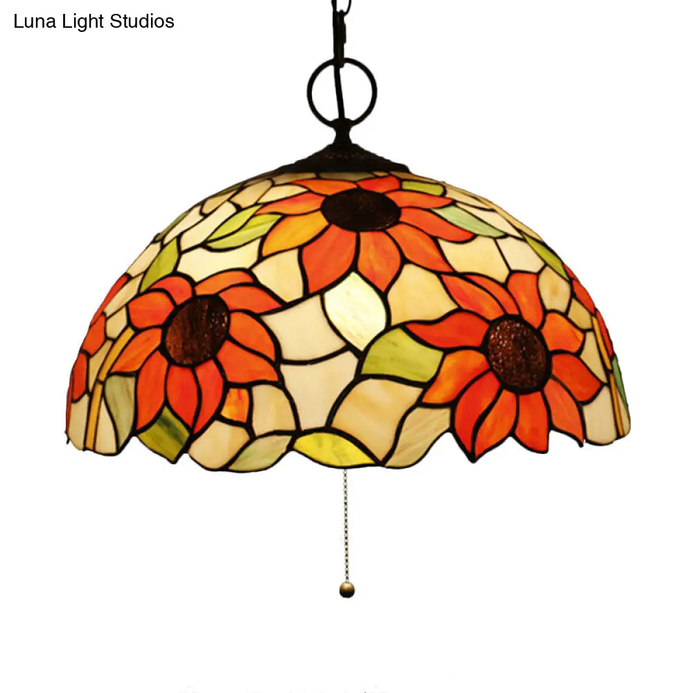 Black Baroque Stained Glass Chandelier Pendant Light Kit - 3-Bulb Domed Design With Petal Pattern