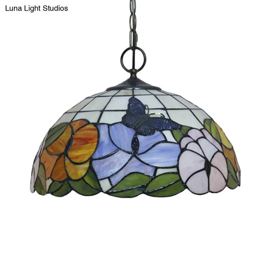 Black Baroque Stained Glass Chandelier Pendant Light Kit - 3-Bulb Domed Design With Petal Pattern