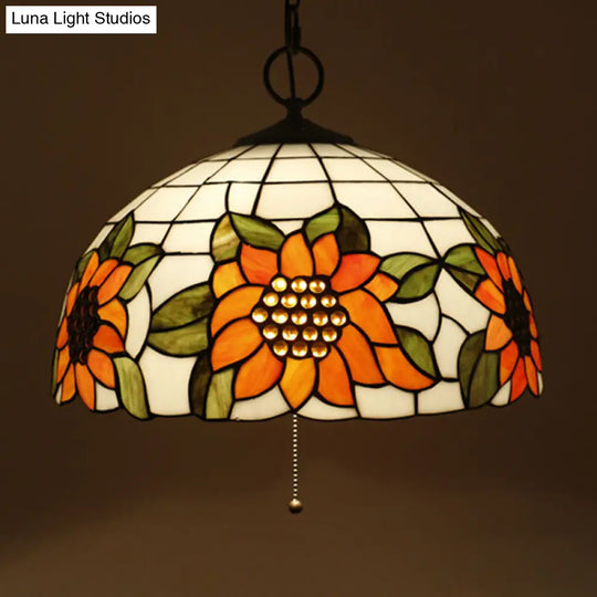 Black Baroque Stained Glass Chandelier Pendant Light Kit - 3-Bulb Domed Design With Petal Pattern /