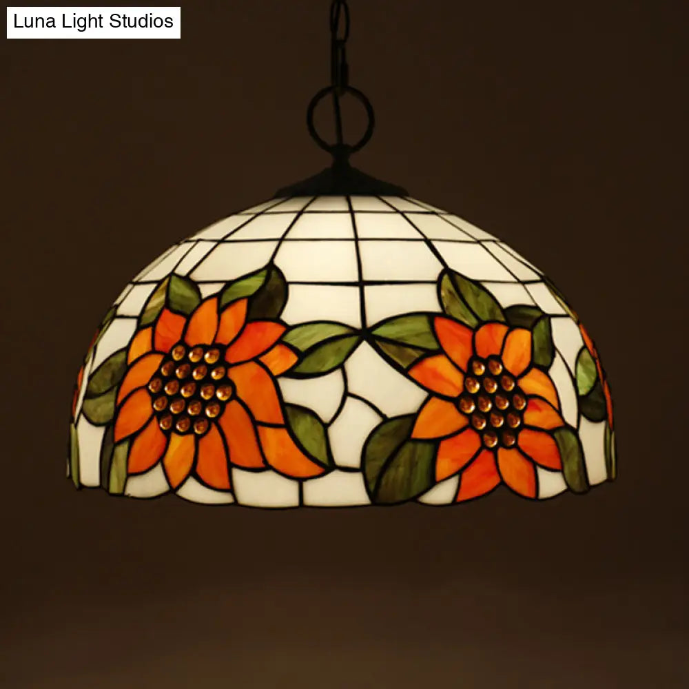 Black Baroque Stained Glass Chandelier Pendant Light Kit - 3-Bulb Domed Design With Petal Pattern /