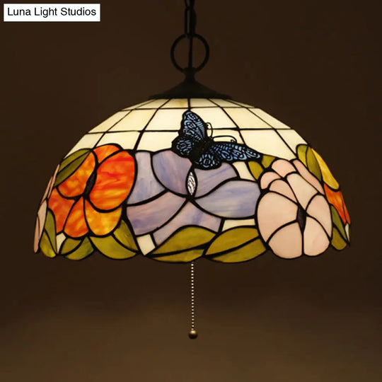 Black Baroque Stained Glass Chandelier Pendant Light Kit - 3-Bulb Domed Design With Petal Pattern /