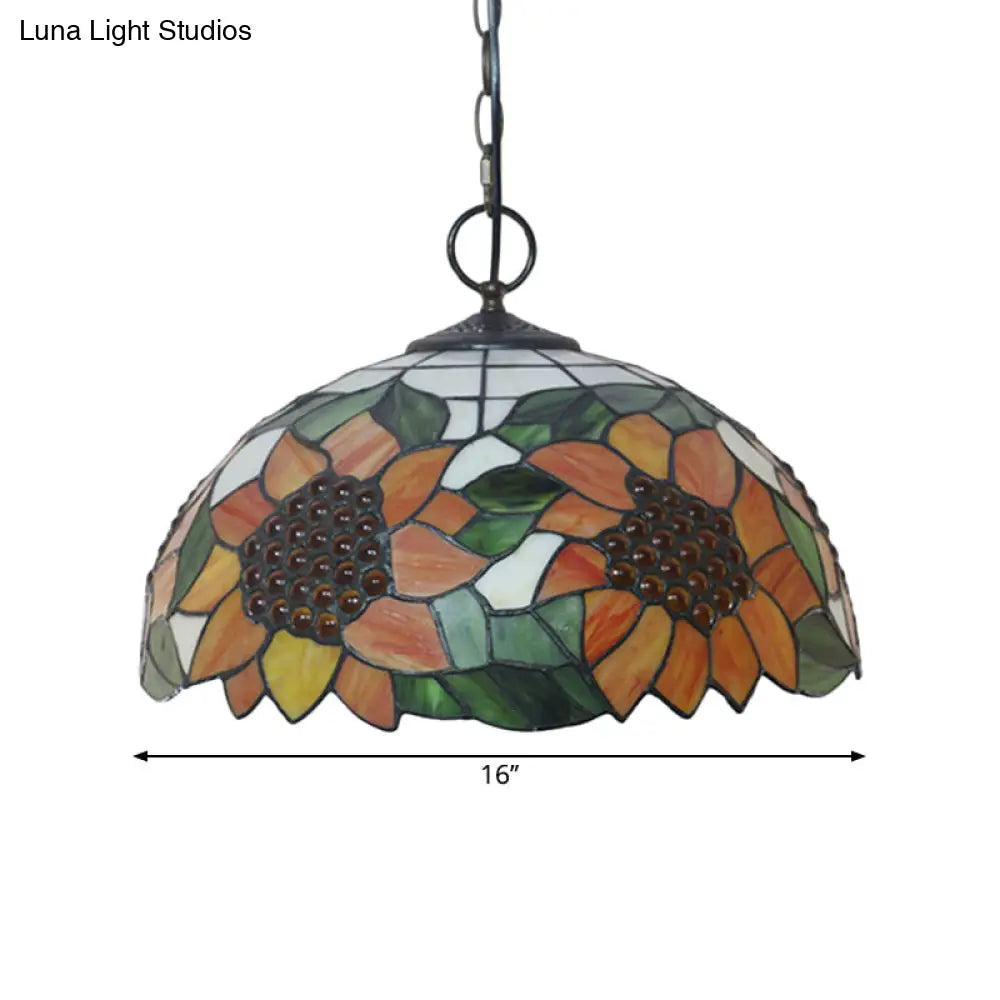 Black Baroque Stained Glass Chandelier Pendant Light Kit - 3-Bulb Domed Design With Petal Pattern