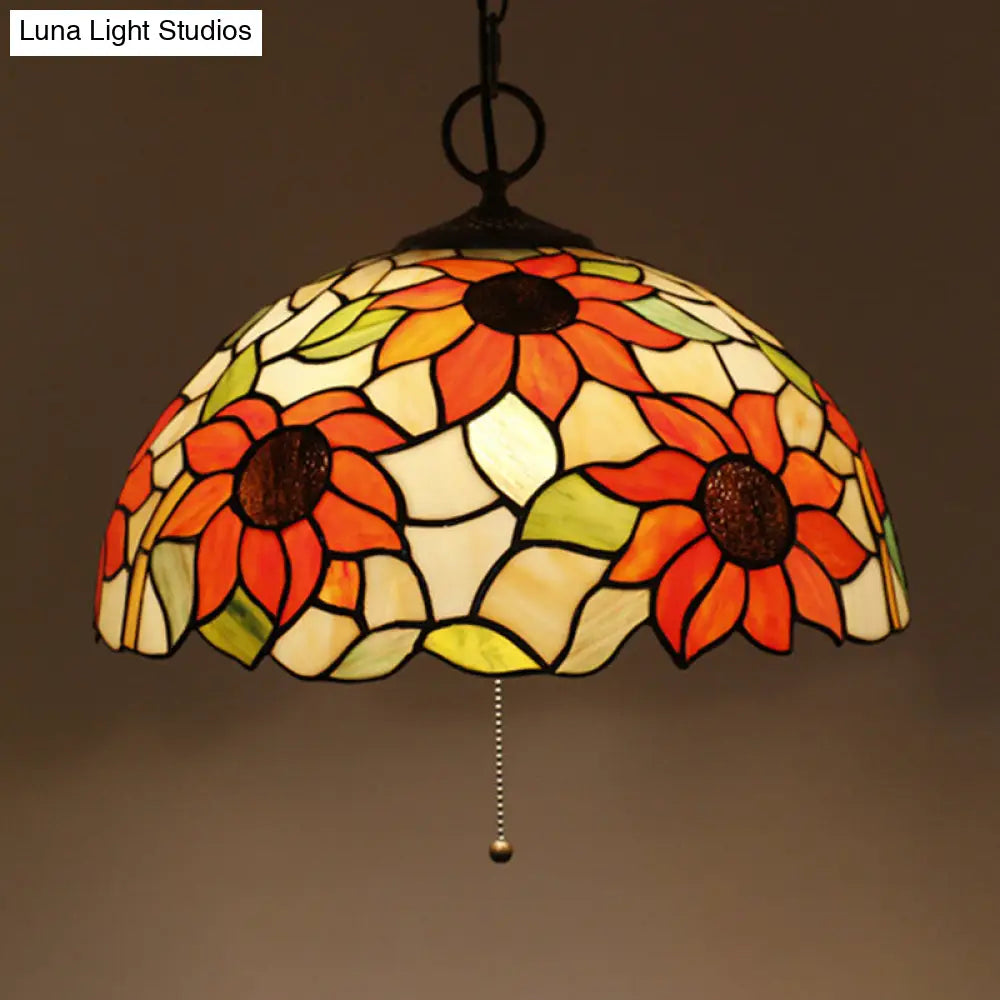 Black Baroque Stained Glass Chandelier Pendant Light Kit - 3-Bulb Domed Design With Petal Pattern /