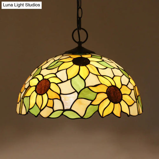 Black Baroque Stained Glass Chandelier Pendant Light Kit - 3-Bulb Domed Design With Petal Pattern /