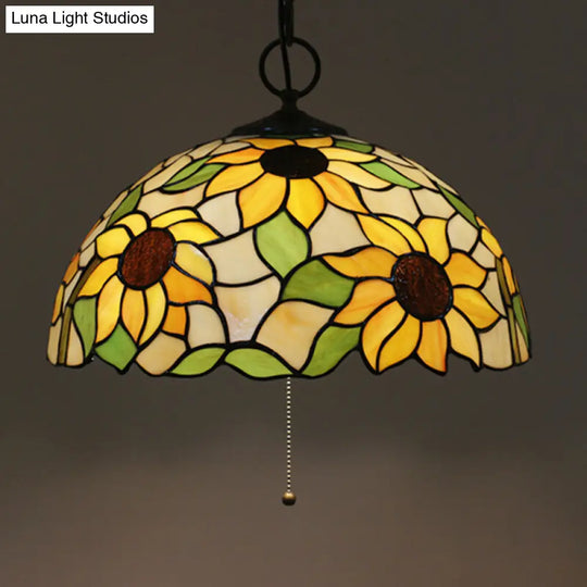 Black Baroque Stained Glass Chandelier Pendant Light Kit - 3-Bulb Domed Design With Petal Pattern /