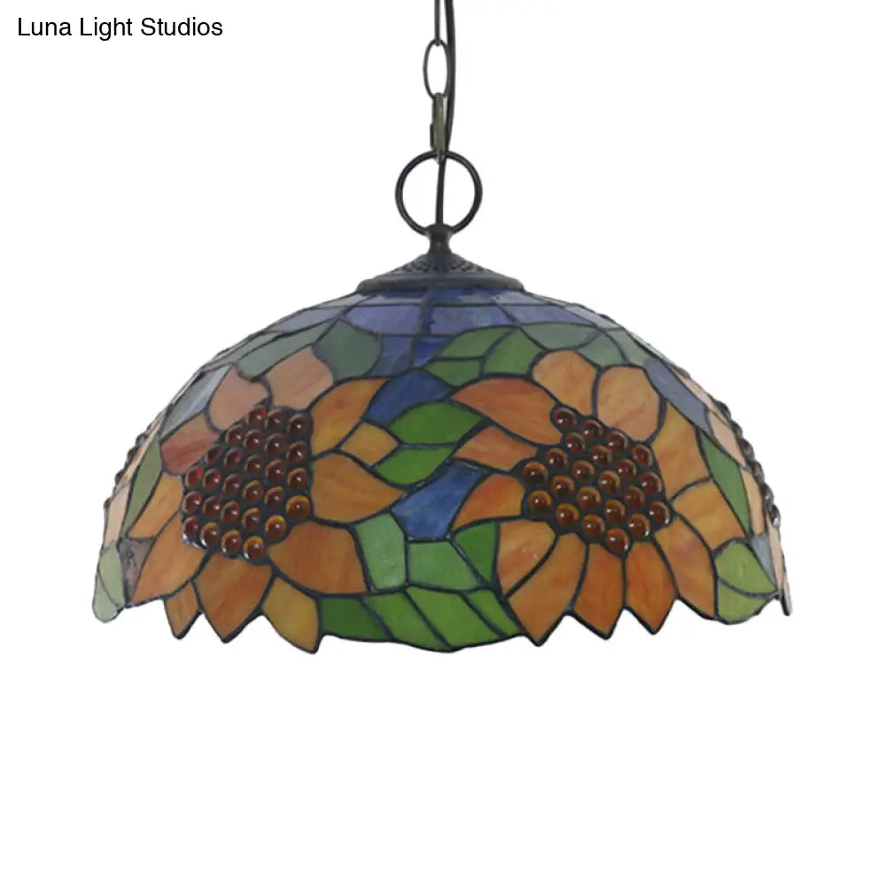 Black Baroque Stained Glass Chandelier Pendant Light Kit - 3-Bulb Domed Design With Petal Pattern